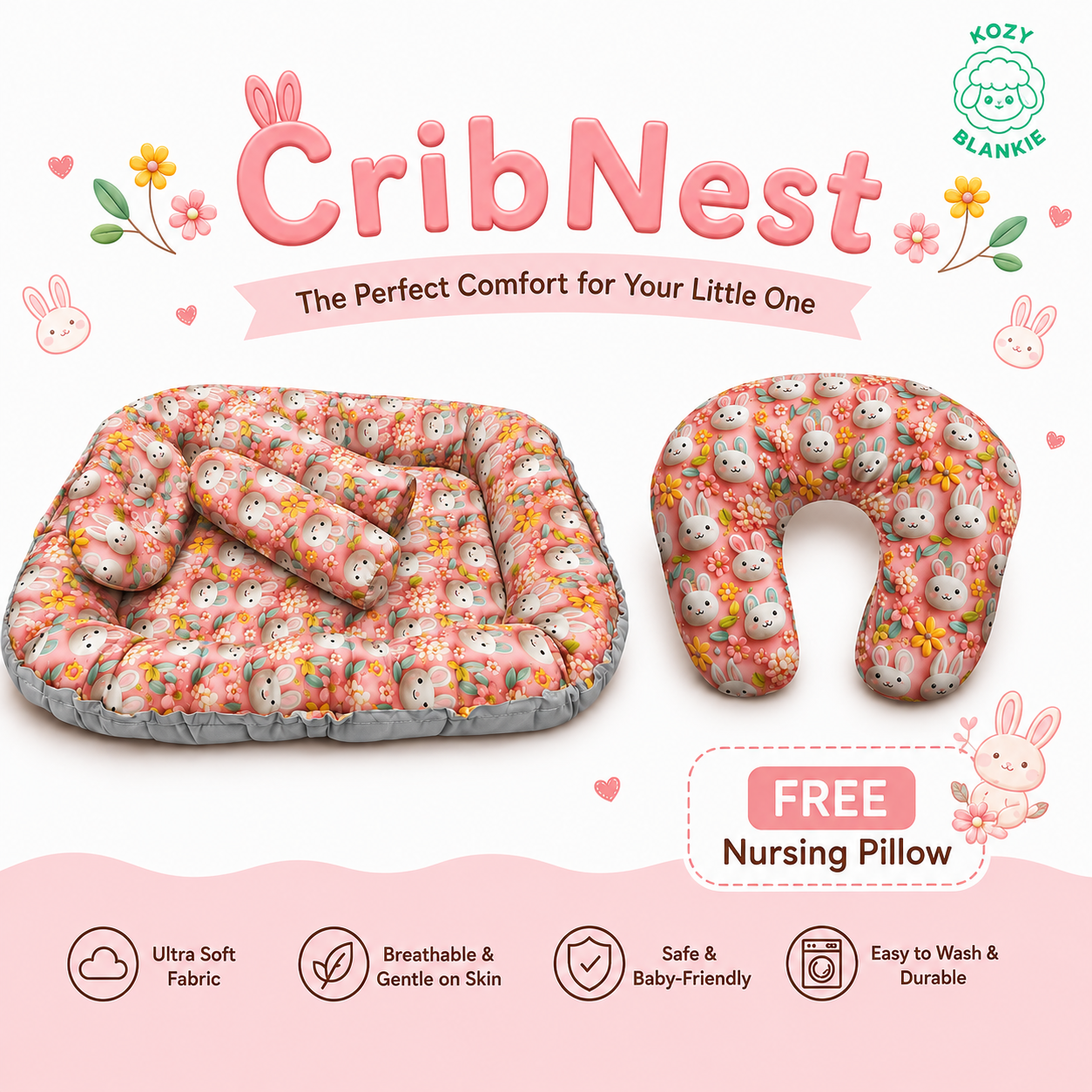 Kozy Blankie Baby Bed Crib Nest & Free Nursing pillow