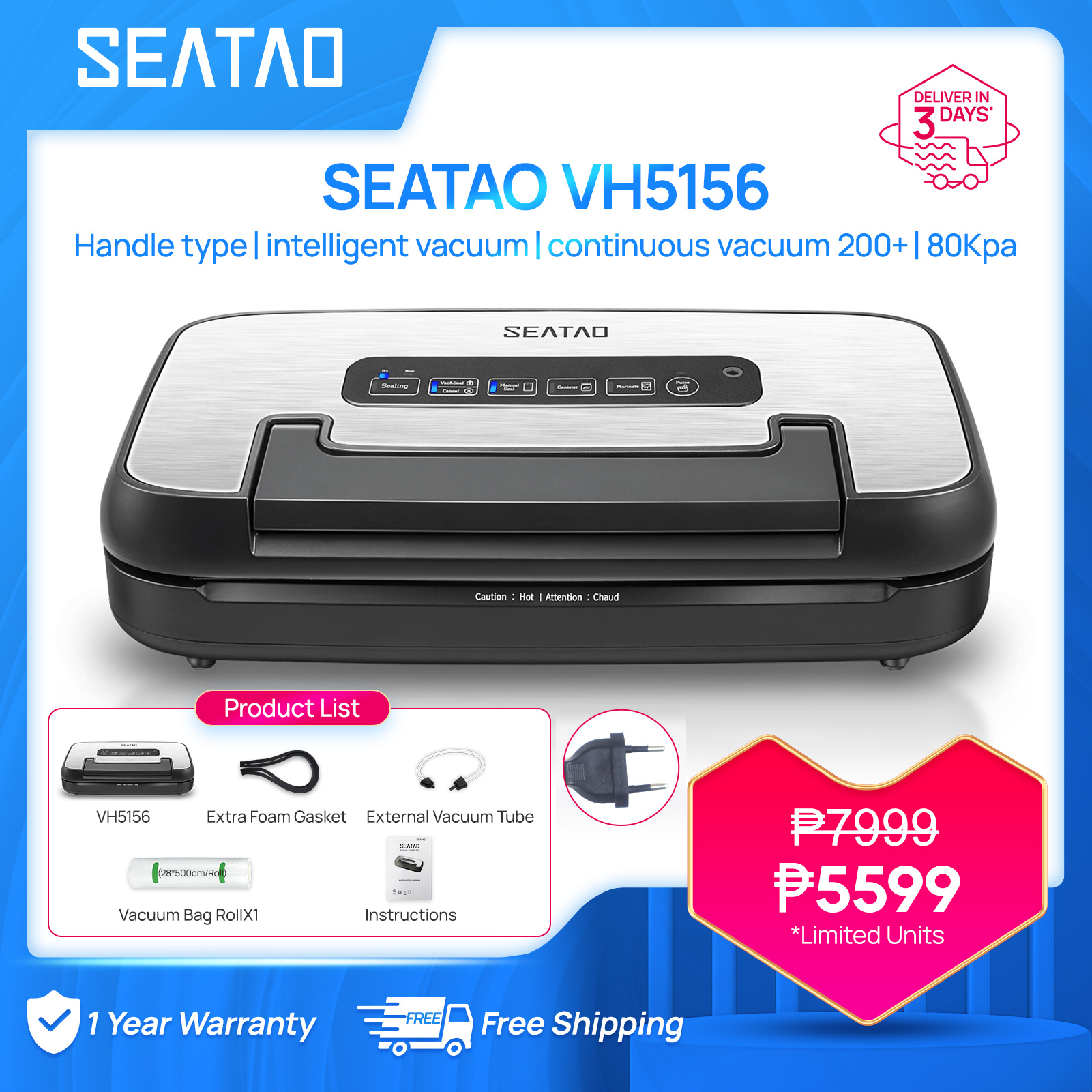 SEATAO VH5156 Vacuum Sealer, Handle Lock Design, Over 200 Continuous Uses  Without Overheating, 80kpa Multifunctional Commercial and Home Vacuum Food