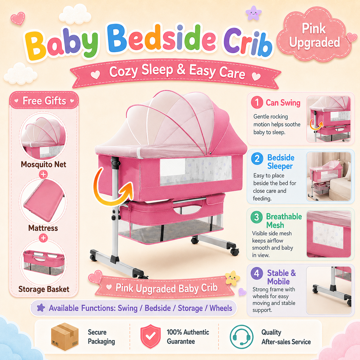 PlayPark Baby Crib for Newborn 3 in 1 Baby Rocker Bassinet Bed with Mosquito Net Mattress Storage Foldable Portable Cradle
