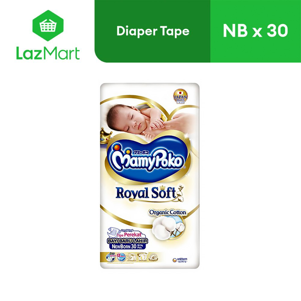 MamyPoko Royal Soft Organic Cotton Baby Diaper Tape Newborn (30 pcs) - for NB-5 kg