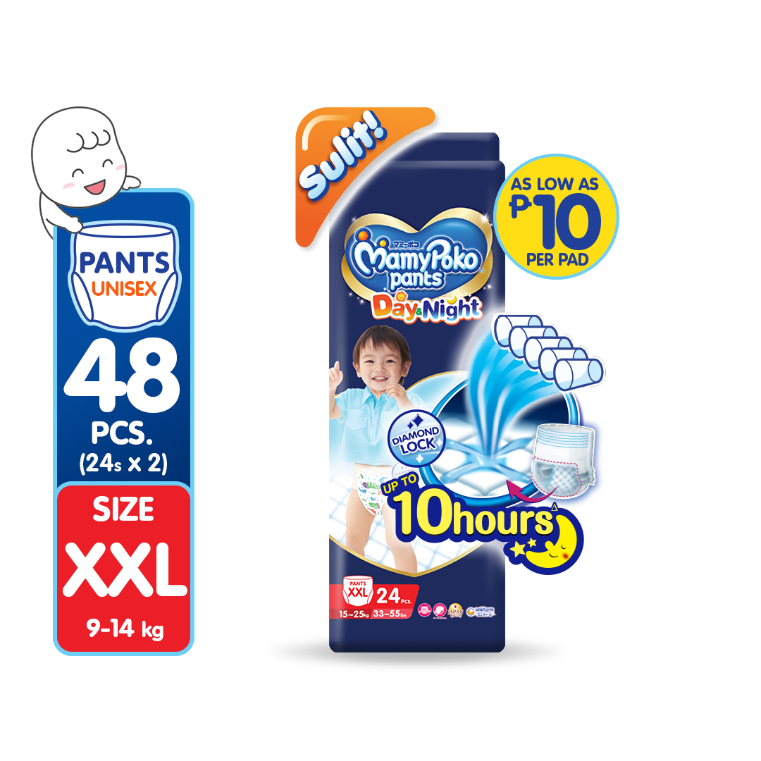 MAMYPOKO Day and Night Baby Disposable Diaper Pants Unisex XXL 24 pcs x 2 packs (48 pcs)