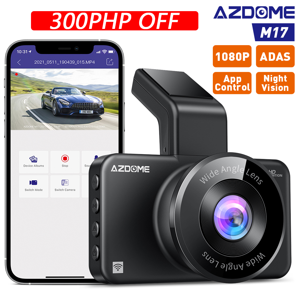 Azdome m17 wifi 1080p adas car dash camera full hd 3 inch ips screen monitor night vision app control dashcam for car new with memory card night vision dashboard camera support front and rearreverse dual camera for cardvr