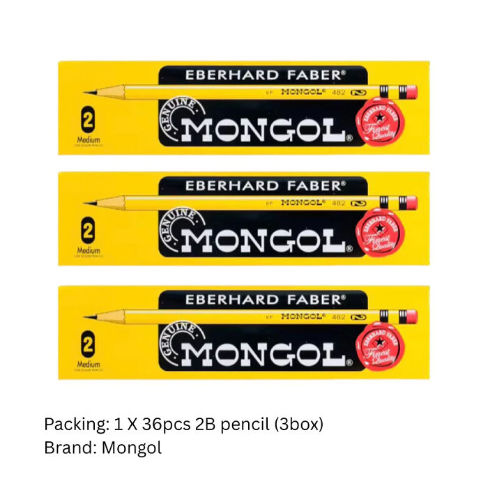 36pcs/3box Mongol Pencil No. 2(Medium) Mongol Fine Pencil Point with Soft Eraser