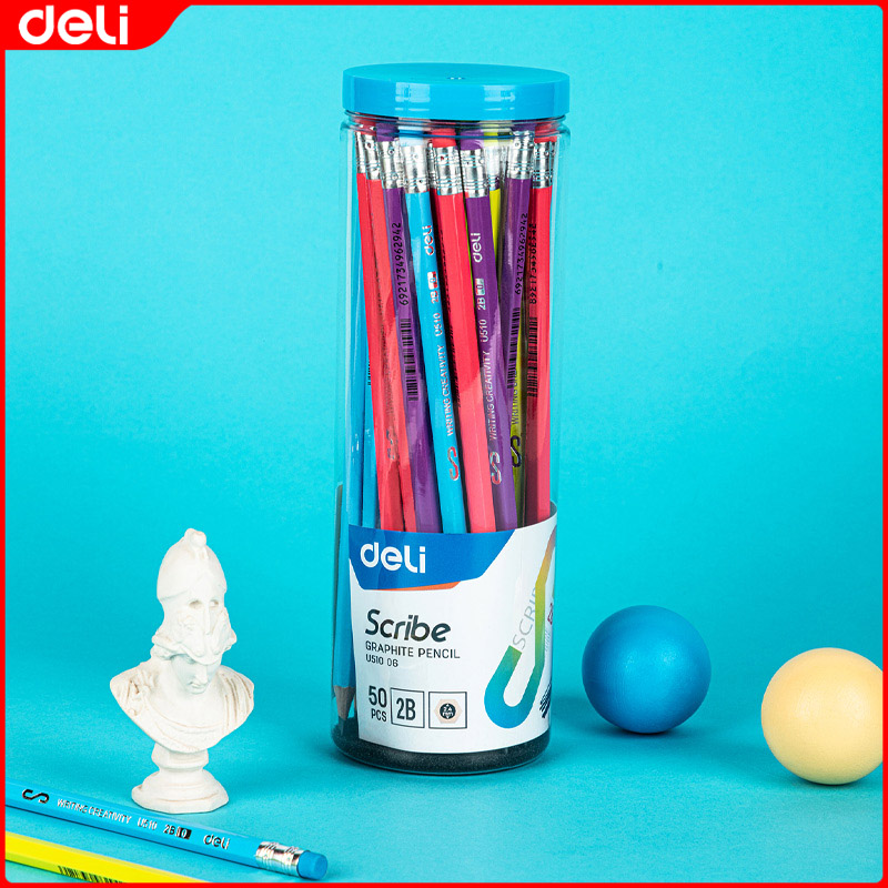 Deli 50Pcs 2B High Quality Popular Writing And Painting Pencil Color Bucket Rubber Tip EU51006