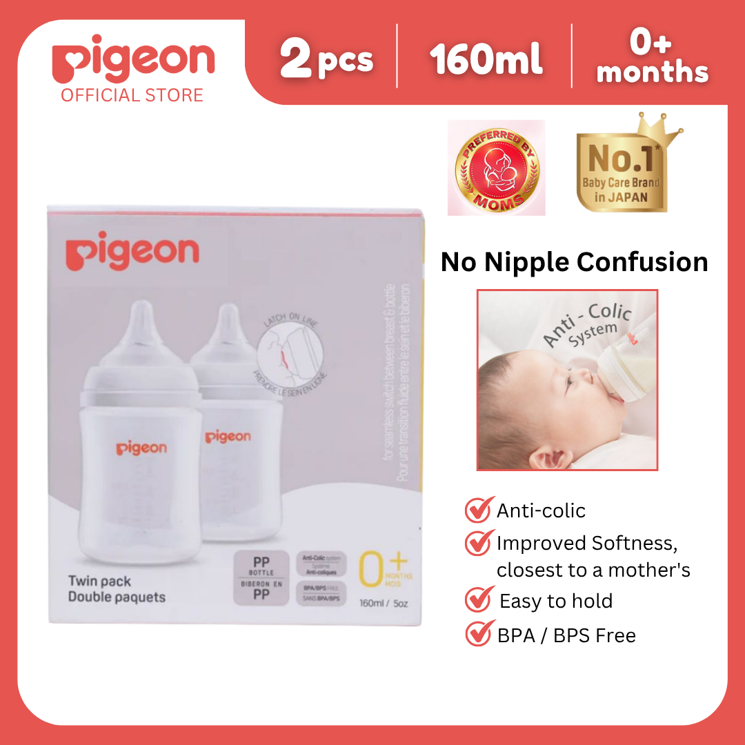 Pigeon Official - New and Improved Wide Neck PP Feeding Bottle 160ml Twin Pack Slow Flow for 0+ Months Babies Anti Colic No Nipple Confusion AVS System Latch On Line BPA Free Ultra Soft Flexible Nipples Japan No. 1 Brand