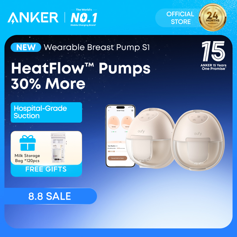 Anker eufy Heated Wearable Breast Pump S1 Electric Hands-Free Heatflow Breast Pump Hospital-Grade Suction Leak-Proof and Ultra-Quiet Upgraded T8D02