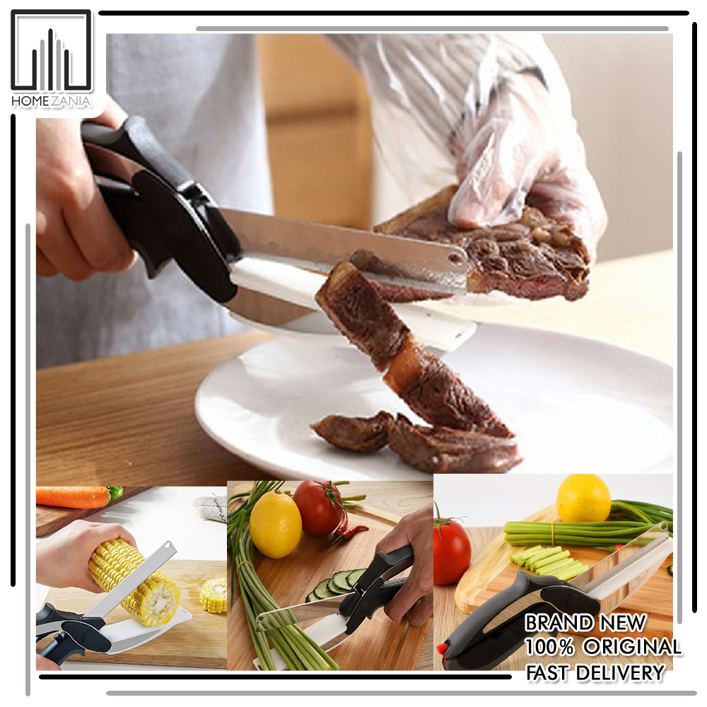 New 2 in 1 Clever Cutter Knife With Cutting Board Slicers Scissor For Meat Vegetables and Fruits