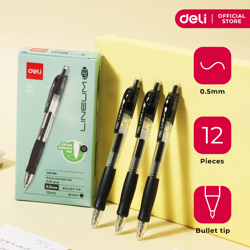 Deli Lineum Bullet Tip Gel Pen 0.5mm Black Soft Grip Sets 12pcs/box EG08-BK