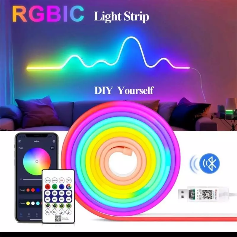 Neon RGBIC Light Strip 5V USB Bluetooth App Remote Control Dimming Change Color Music Sync LED Strip Light Flexible Outdoor Neon Light Running Flow Neon Strip E-Sports Room Home Decoration