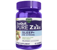 ZzzQuil PURE Zzzs De-Stress & Sleep Melatonin Sleep Aid with Ashwagandha Chamomile Lavender & Valerian Root Drug Free 42/60 Gummies