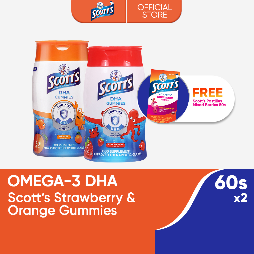[BUY 2 TAKE 1] Scotts DHA Gummies Strawberry and Orange 60s (Pack of 2) get 1 FREE Scotts Pastilles 50s
