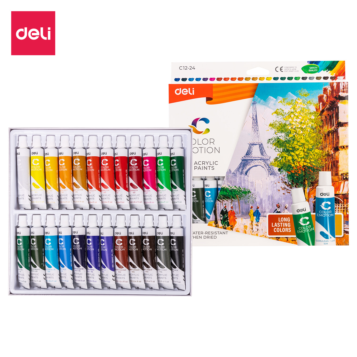Deli EC12-24 12ML Acrylic Paint Set For Paintings Of 12/24 Colors Painting Materials Complete Set Tube