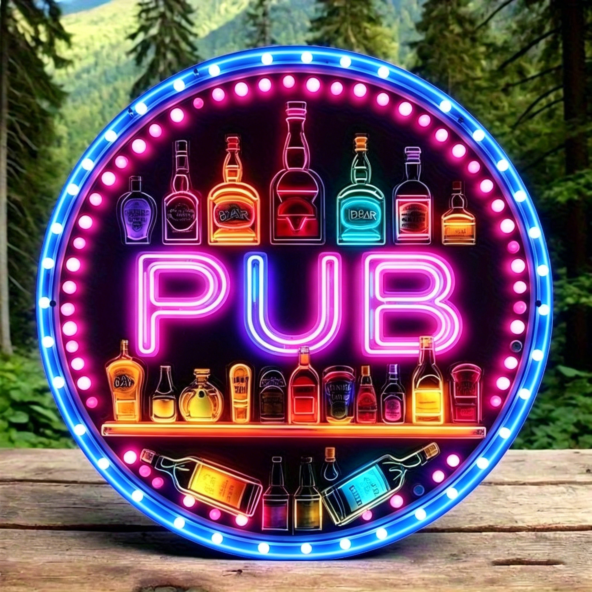 Neon Light Bar Metal Sign with Colorful Beverage Bottles Retro Aluminum Round Poster Suitable for Artistic Cafes and Beach Villa Decorations Size 7.8x7.8inch