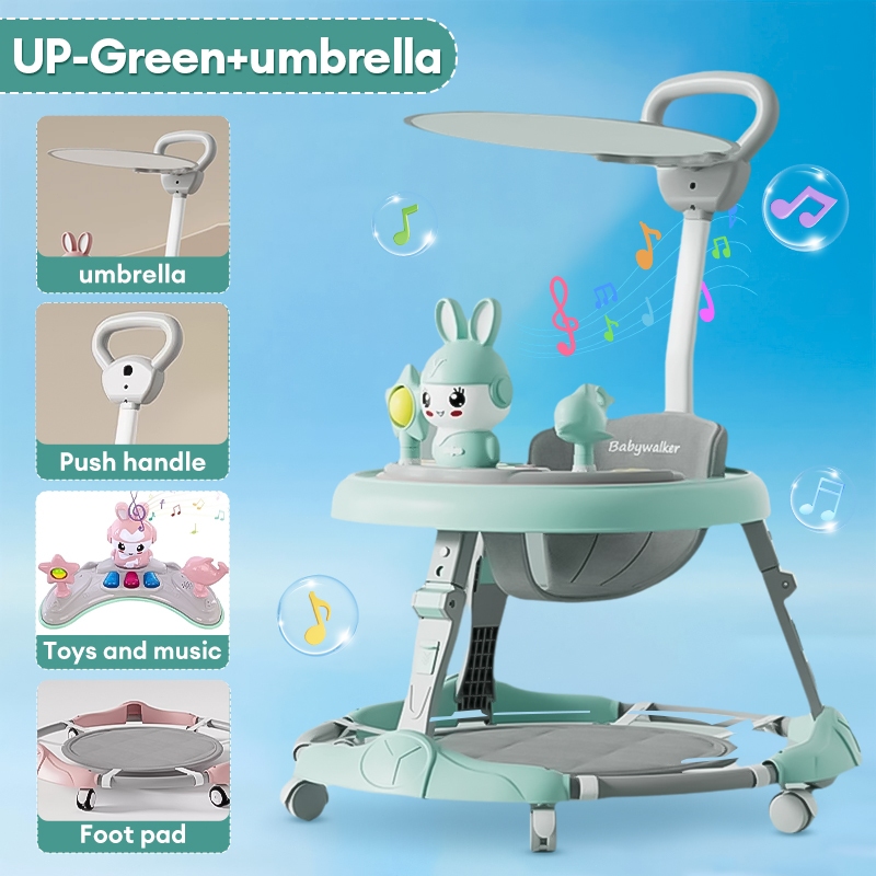 Beige Baby Walker Prevent O-leg With Music Adjustable Safety Walker with Handle Foldable Multifunctional Walker for Baby Girl&Boy
