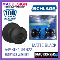 SCHLAGE T54V STRATUS 622 MATTE BLACK KNOB SET ENTRANCE LOCK WITH KEY
