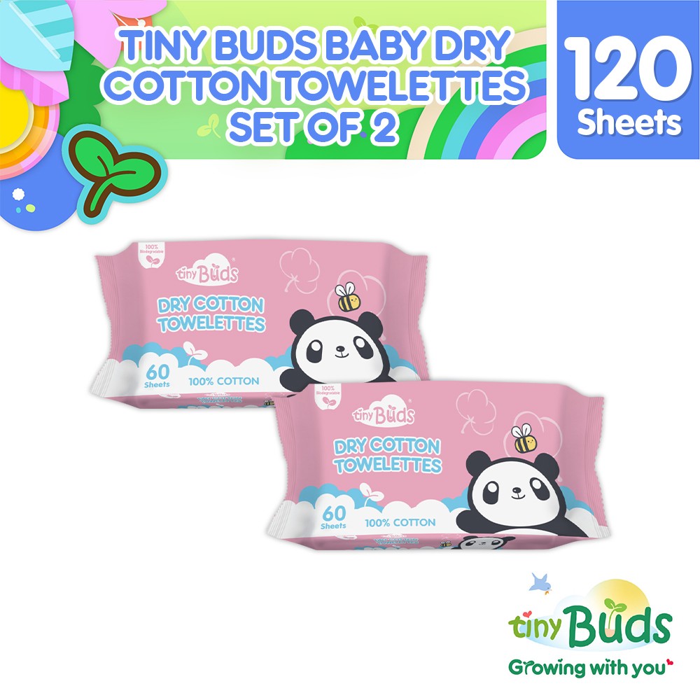 Tiny Buds Baby Dry Cotton Towelettes (60 sheets) Set of 2