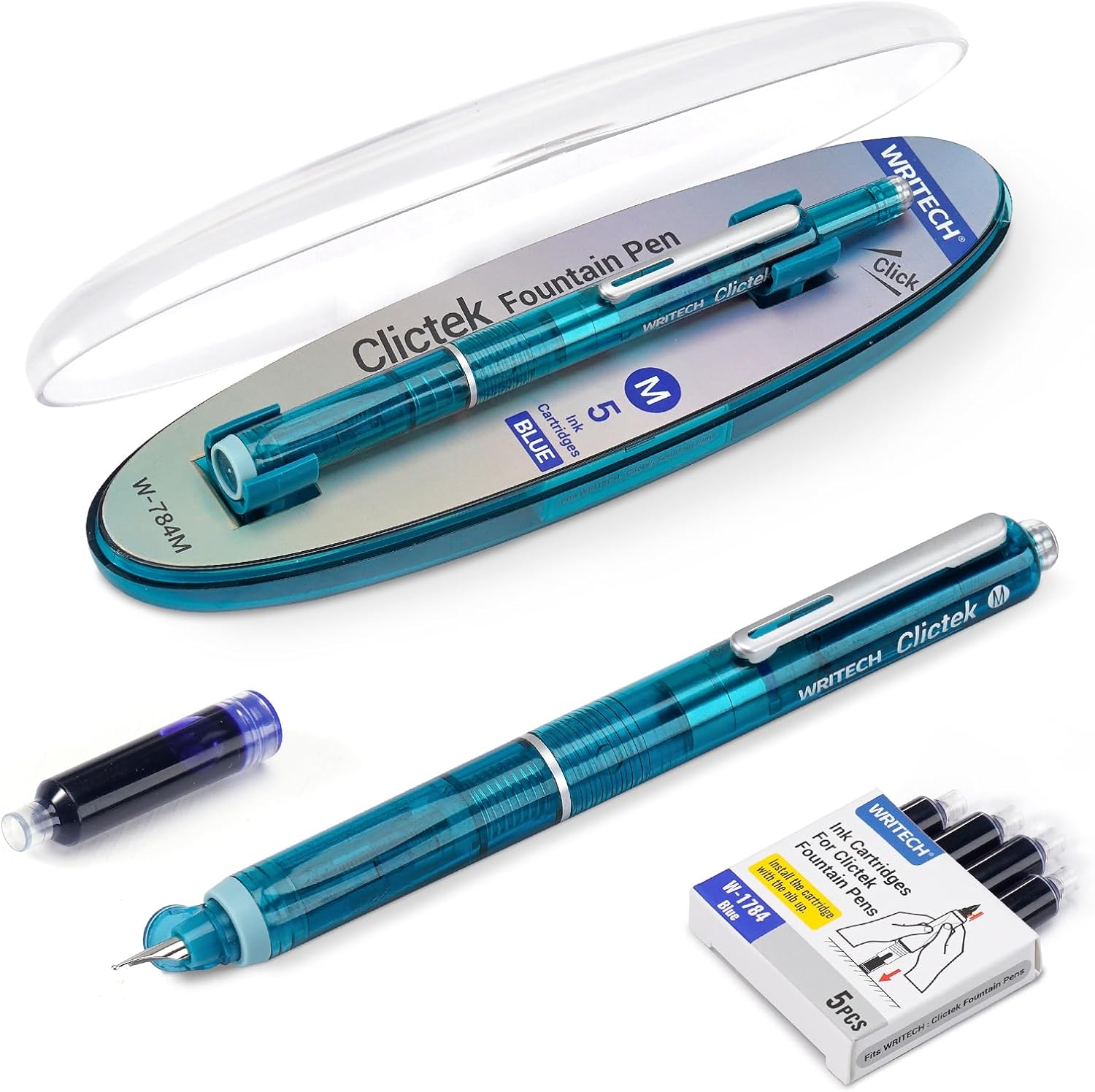 WRITECH Clictek Fountain Pen Set: Retractable Style Blue Ink Medium Nib Transparent Barrel Includes 5 Ink Cartridges for Gift Set Smooth Writing No Leaking