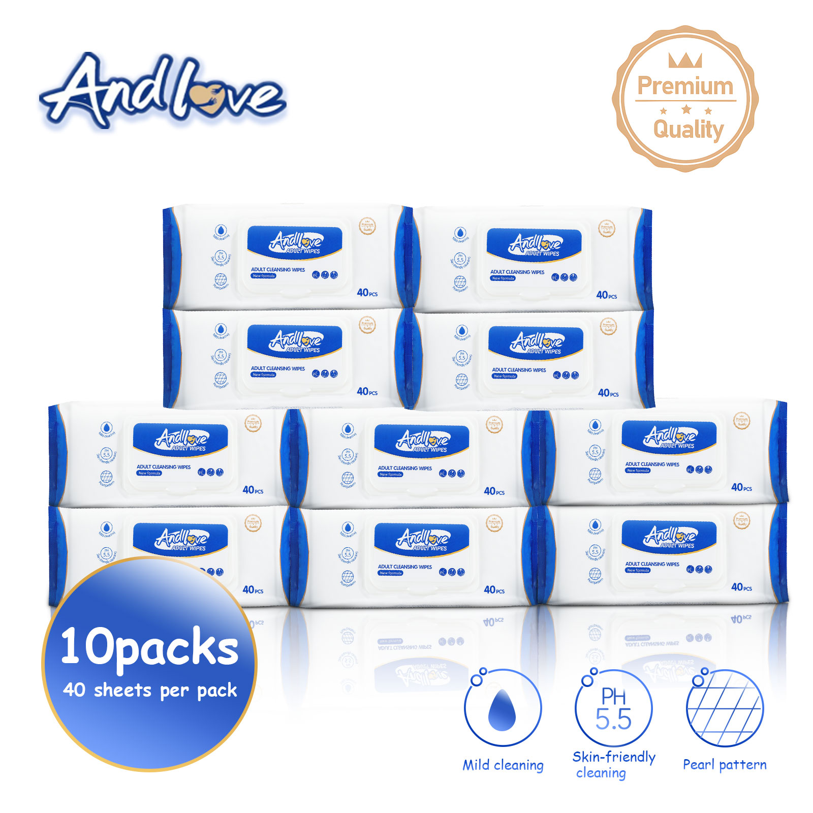 ANDLOVE 10 Packs x 40 Sheet Unscented No-Alcohol Gentle Wipes Wet Tissue Adult FDA Approved