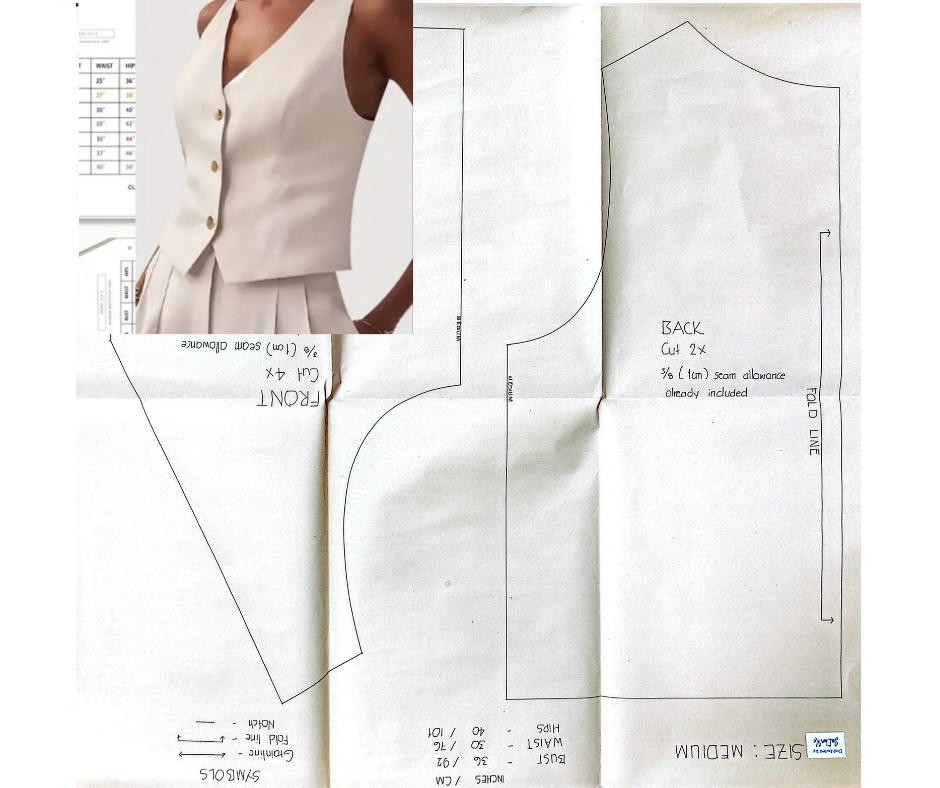 SEWING PATTERN BASIC VEST EASY LVL-1 w/ Sizes and Guide NOT ACTUAL DRESS Hand drafted 1:1 Template D.I.Y Project