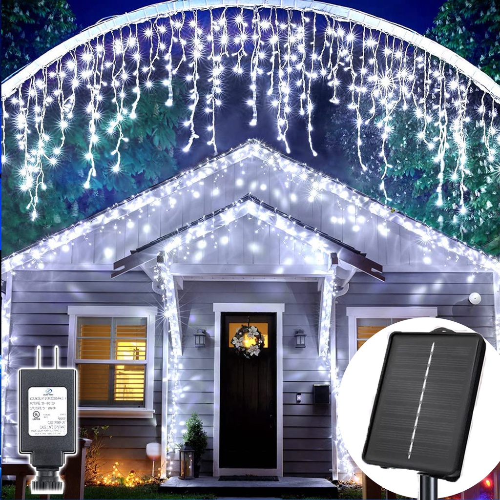 METECH Solar Fairy Icicle Lights 96/200 LED Outdoor Waterproof Christmas String Light Curtain Lights