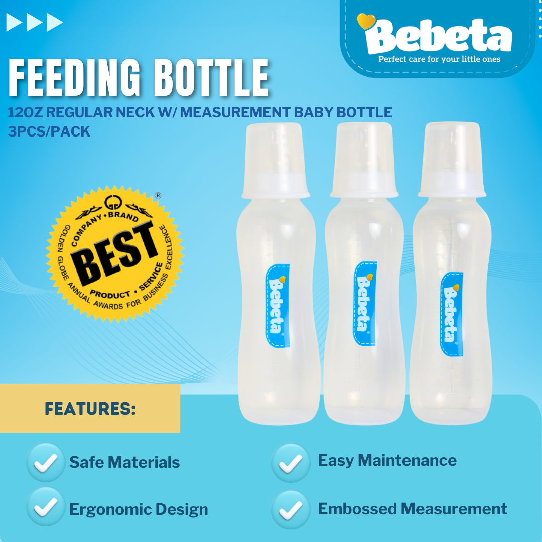 Bebeta F. Bottle with Measurement Hood & Silicone Nipple Regular Neck 12oz 3pcs/pk-White