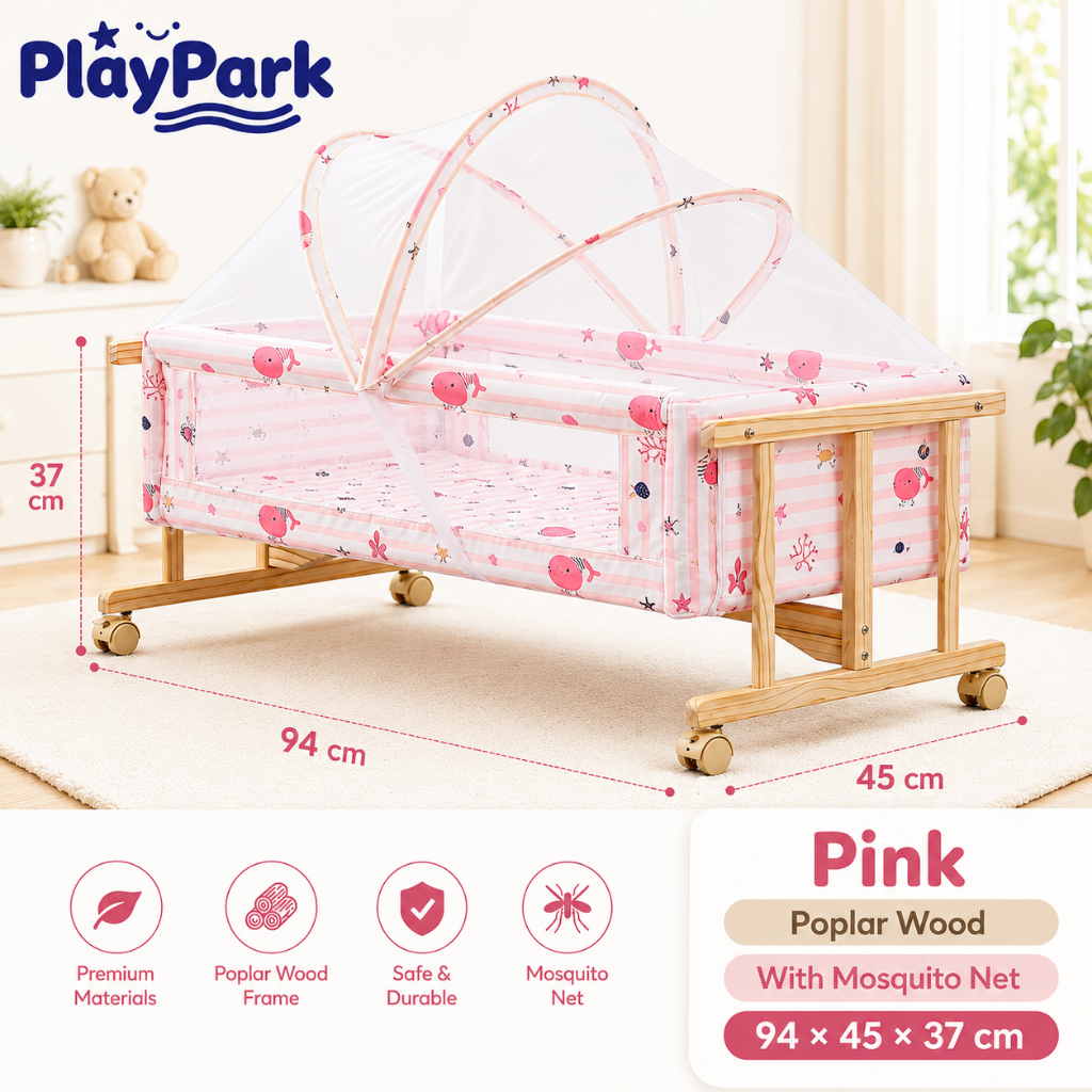 PlayPark Wooden Baby Crib with Mosquito Net Rocking Bassinet Portable Baby Cot with Wheels Newborn Cradle Bed