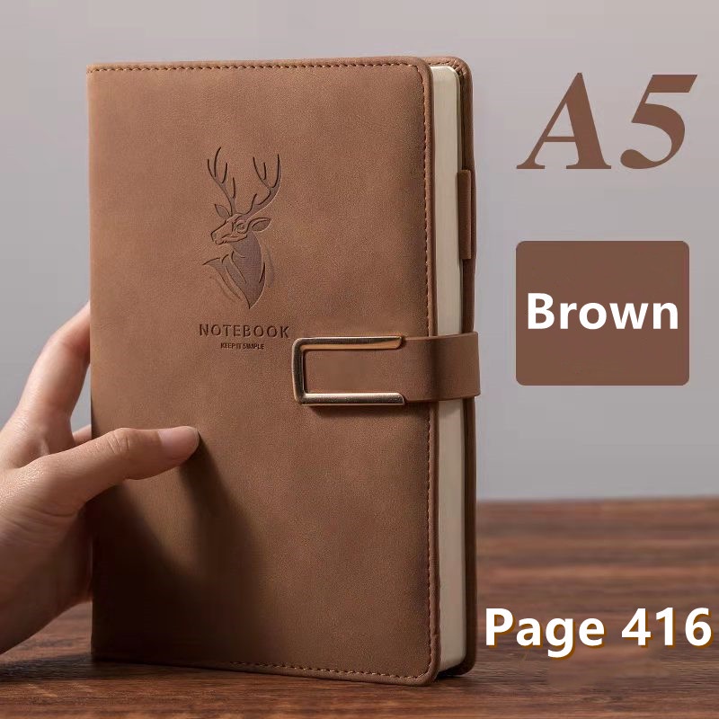 (416Pages) A5 Big Notebook with pen Magnetic Snap Side Faux Leather Thick Notebook college writing notebook