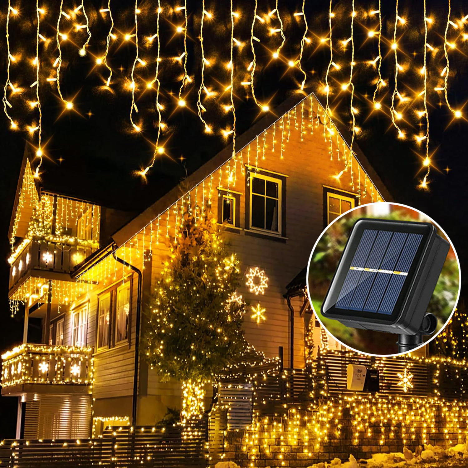 Solar Icicle Curtain Lights Solar Christmas Light Outdoor Waterproof 8 Lighting Modes Eaves Decor for Christmas Party Garden Home Decoration Fairy Curtain Light