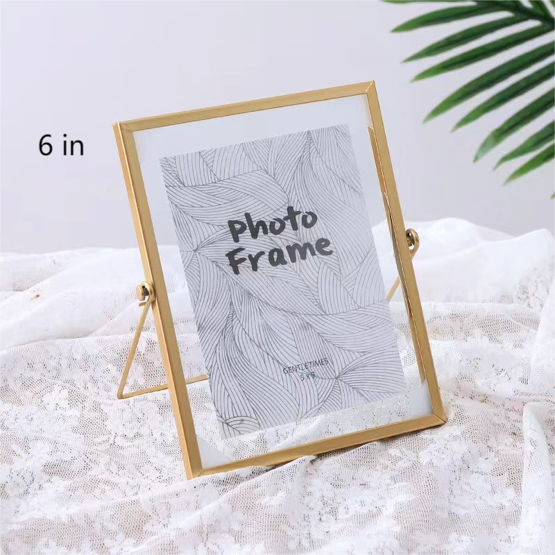 Gold Metal and Glass Photo Frame Folding Wire Desktop Picture Brass Frames for Portraits and Landsc