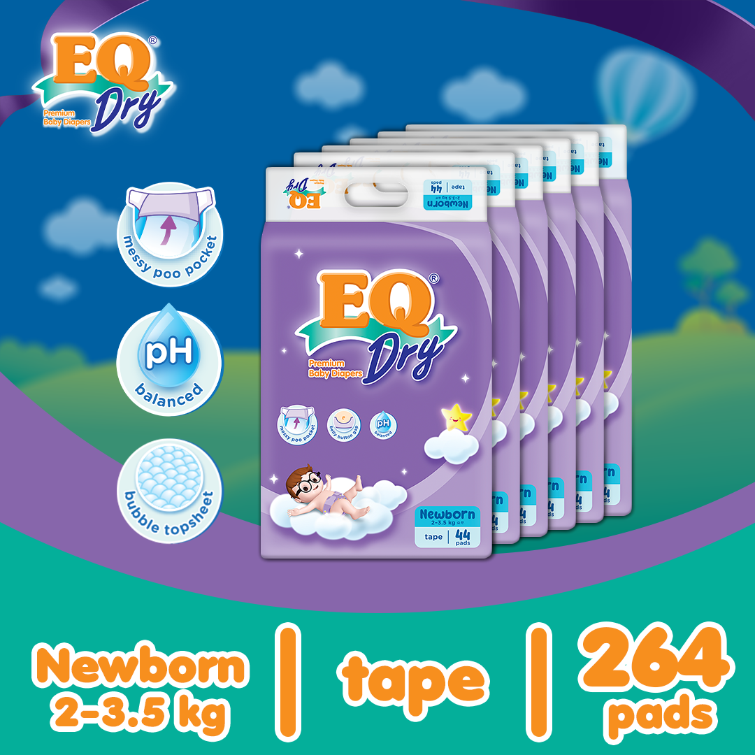EQ Dry Newborn (0-5 kg) - 44 pcs x 6packs (264 pcs) - Tape Diapers