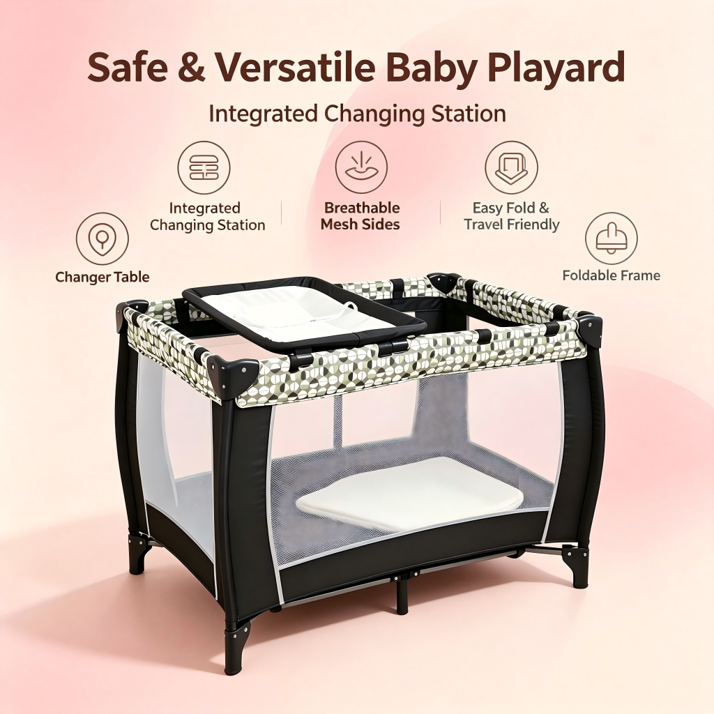 Baby Bedside Bassinet Sleeper5-in-1 Pack and Play with Full-Size BassinetBaby Crib with Mosquito NetStorage ShelfMusic Mobile And Changing Table for Newborn to Toddlers