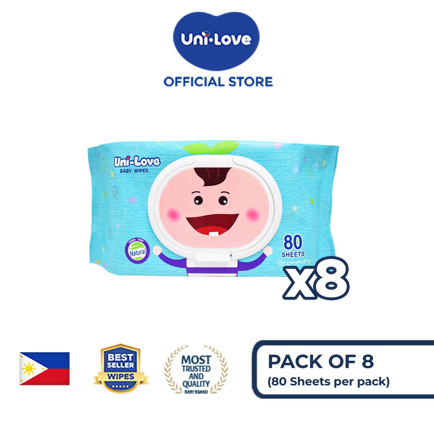 UniLove Unscented Baby Wipes 80s Pack of 8 - 99% Water| Hypoallergenic | Alcohol Free | No harmful chemicals | with Aloe Vera | Safe & Gentle | FDA Approved