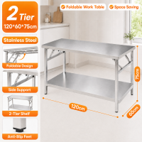 COHF Foldable Stainless Steel Work Table with Lower Shelf Heavy Duty Kitchen Prep Table for Restaurant BBQ and Outdoor Cooking
