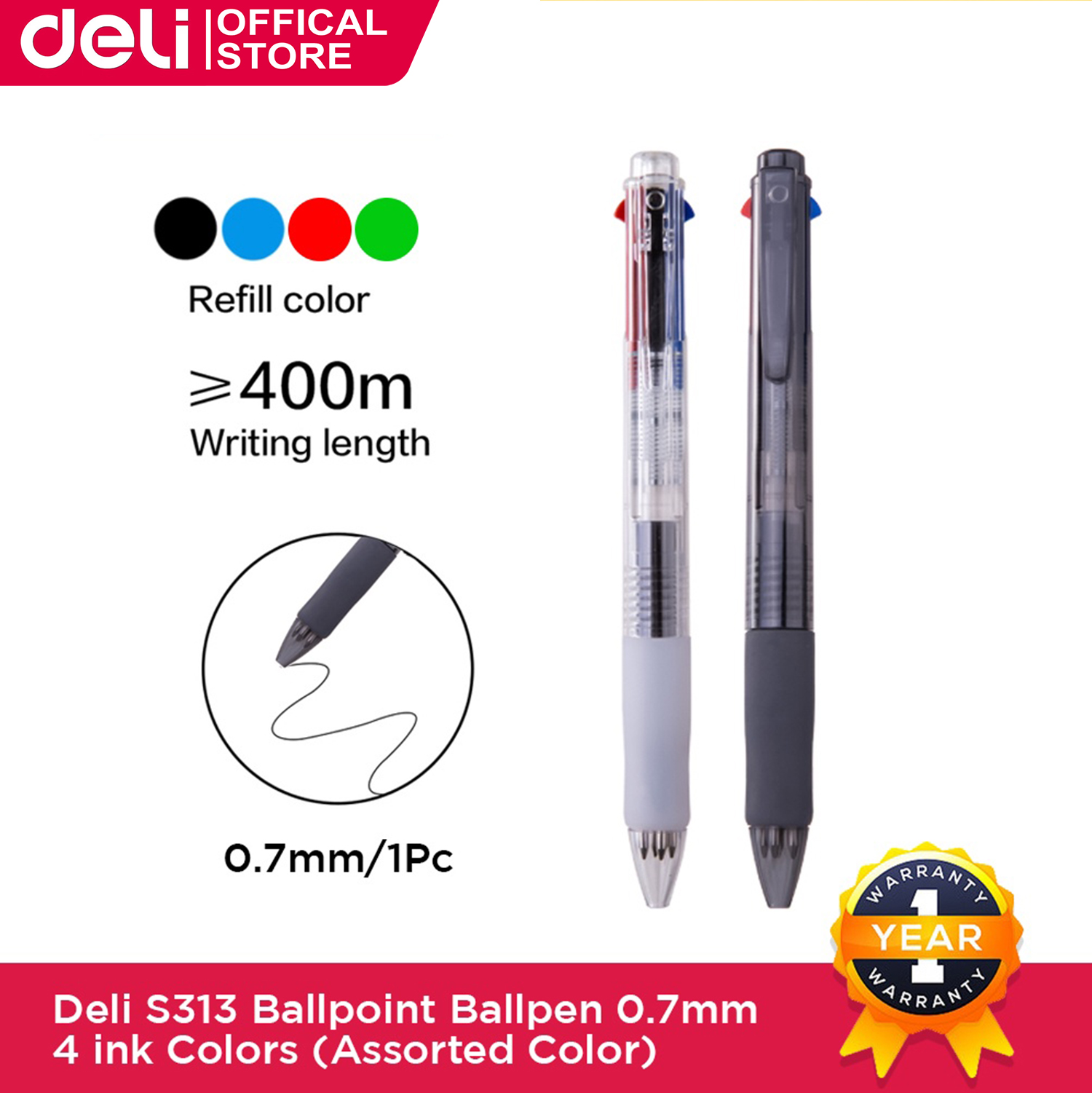 Deli Four-Color Ballpen 0.7mm Multicolor Ballpoint Pen（Black/Blue/Red/Green）School Supplies 1PC