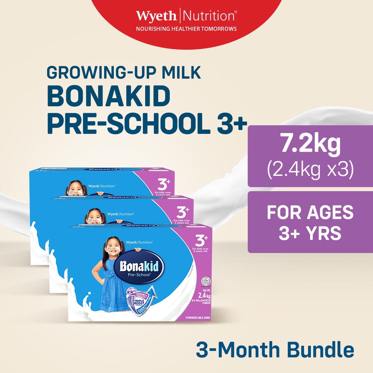 BONAKID PRE-SCHOOL 3+ Growing-Up Milk Powder for Children 3+ Years Old 7.2kg (2.4kg x 3)