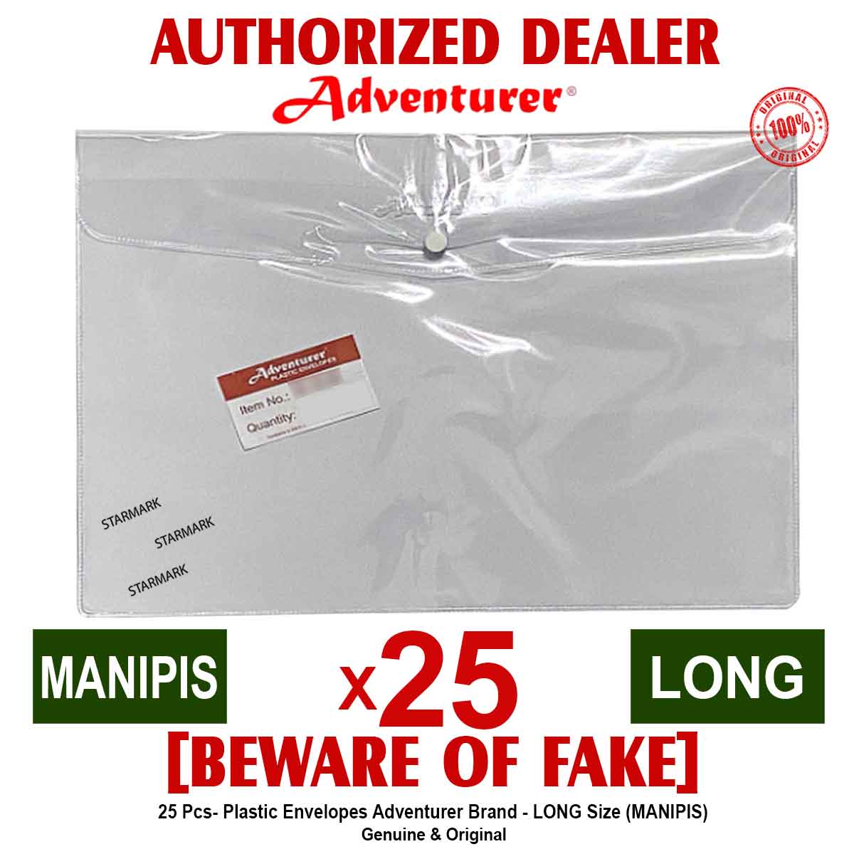 Plastic Envelope Envelopes LONG Size Adventurer Brand MANIPIS G4 Clear Transparent Authentic Starmark Enterprises - 25 Pcs