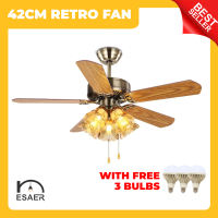 ESAER  42CM Vintage Design Wooden Blades 3 Colors Light Chandelier Type Ceiling Fan With Bulbs