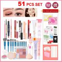 51PCS Professional Waterproof Makeup Set Isolating cream BB cream Concealer High gloss cosmetic stick Eyebrow pencil Eye shadow Eyeliner pencil Mascara Lipstick Loose powder Makeup Brush Tool Set