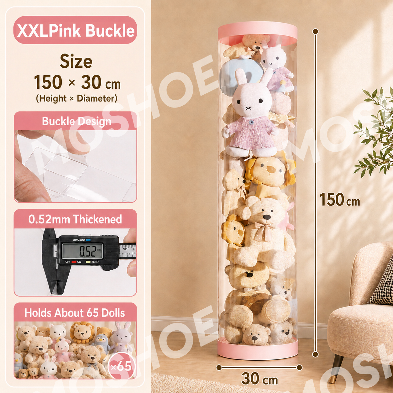 MOSHOE Mega Box Storage Zipper Toy Organizer PVC Toy Box Container Clear Plastic Stuffed Animal & Doll Storage Bucket for Kids