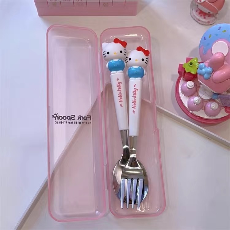 COD 2pcs/set Sanrio Kuromi Fork Spoon Stainless Steel Student EatingTableware Accessories Portable