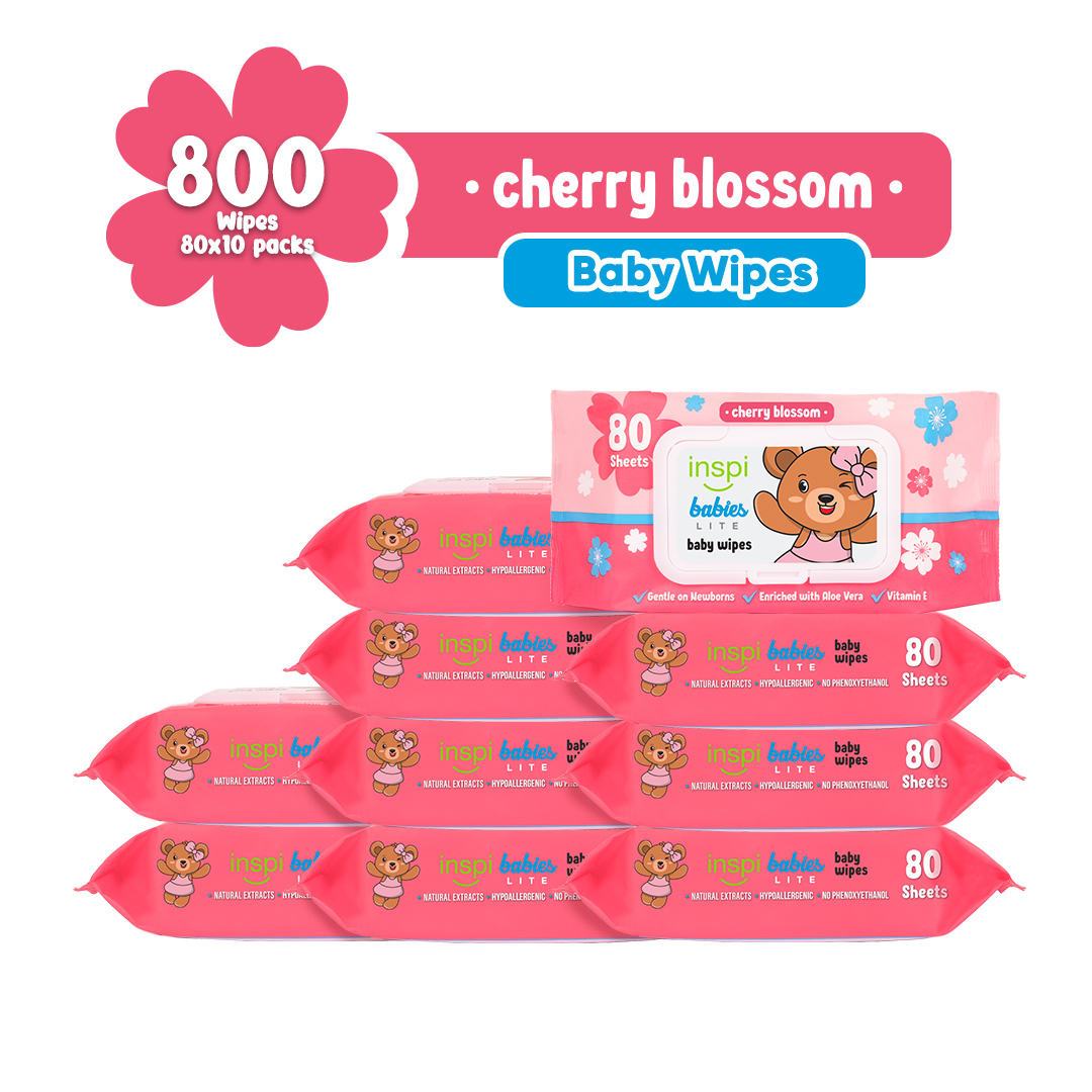 INSPI Babies Cherry Blossom Baby Wipes 800 Tender sheets 10 Packs Wet Wipes with Vitamin E for newborn baby and kids - free shipping essentials bundle