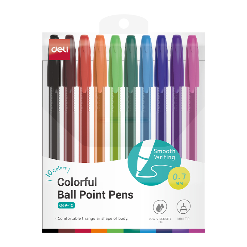 Deli Q69-10 Colorful Smooth Writing Ballpoint Pen Mini Tip 0.7mm 10 Colors/Set