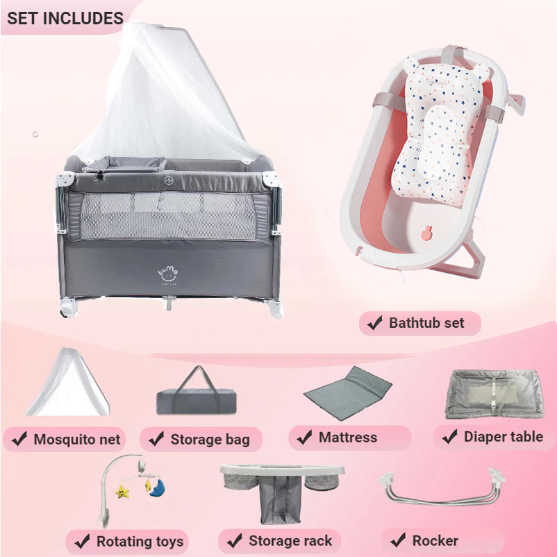 Baby Crib With Mosquito Net Foldable 2 layer Co-sleeper Baby Rocking Crib(Free Storage bag)Baby Travel Bed Height Adjustable Baby Bedside Sleeper