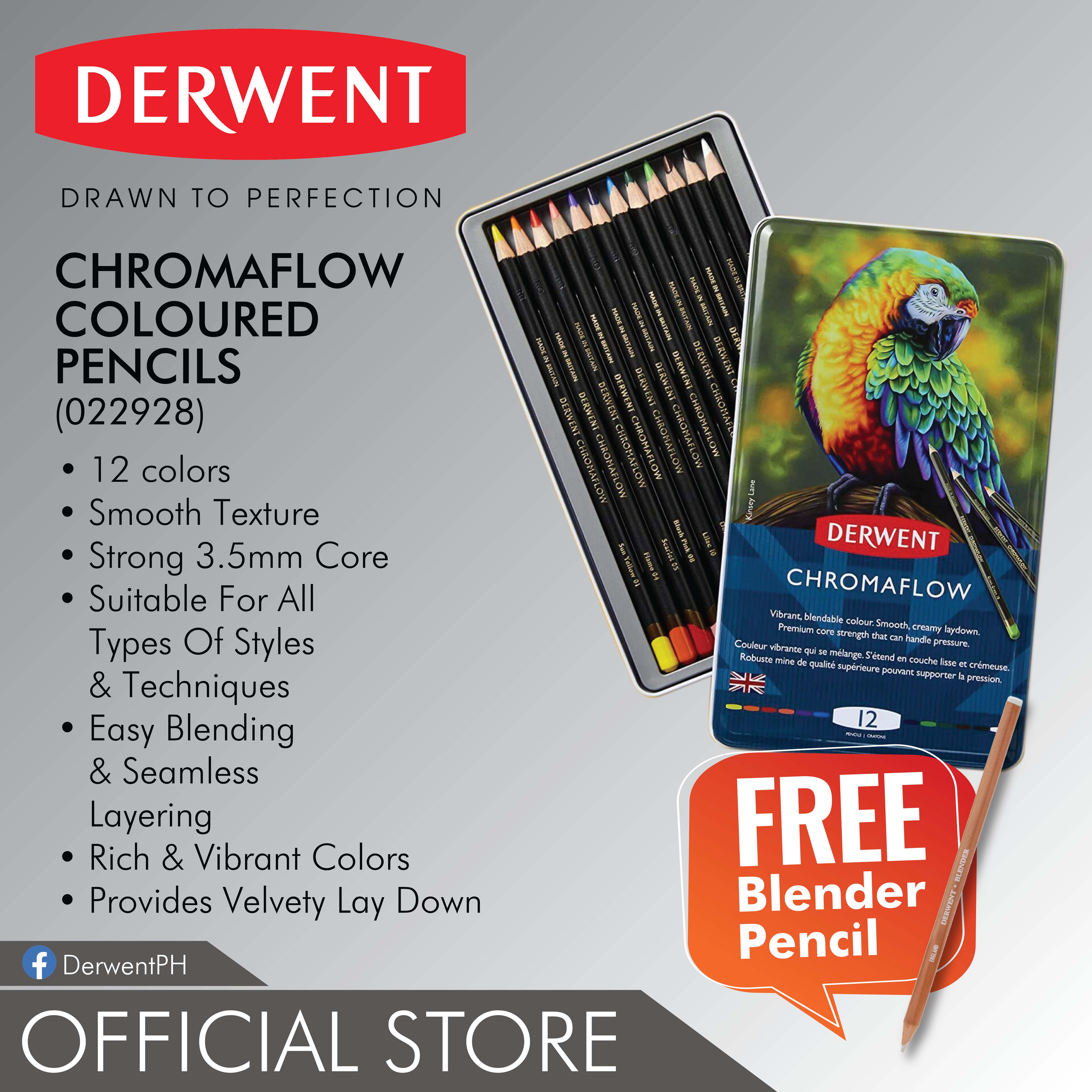 DERWENT Chromaflow Coloured Pencils | 12 Colors | In Metal Box | with FREE Blender Pencil | 2305856