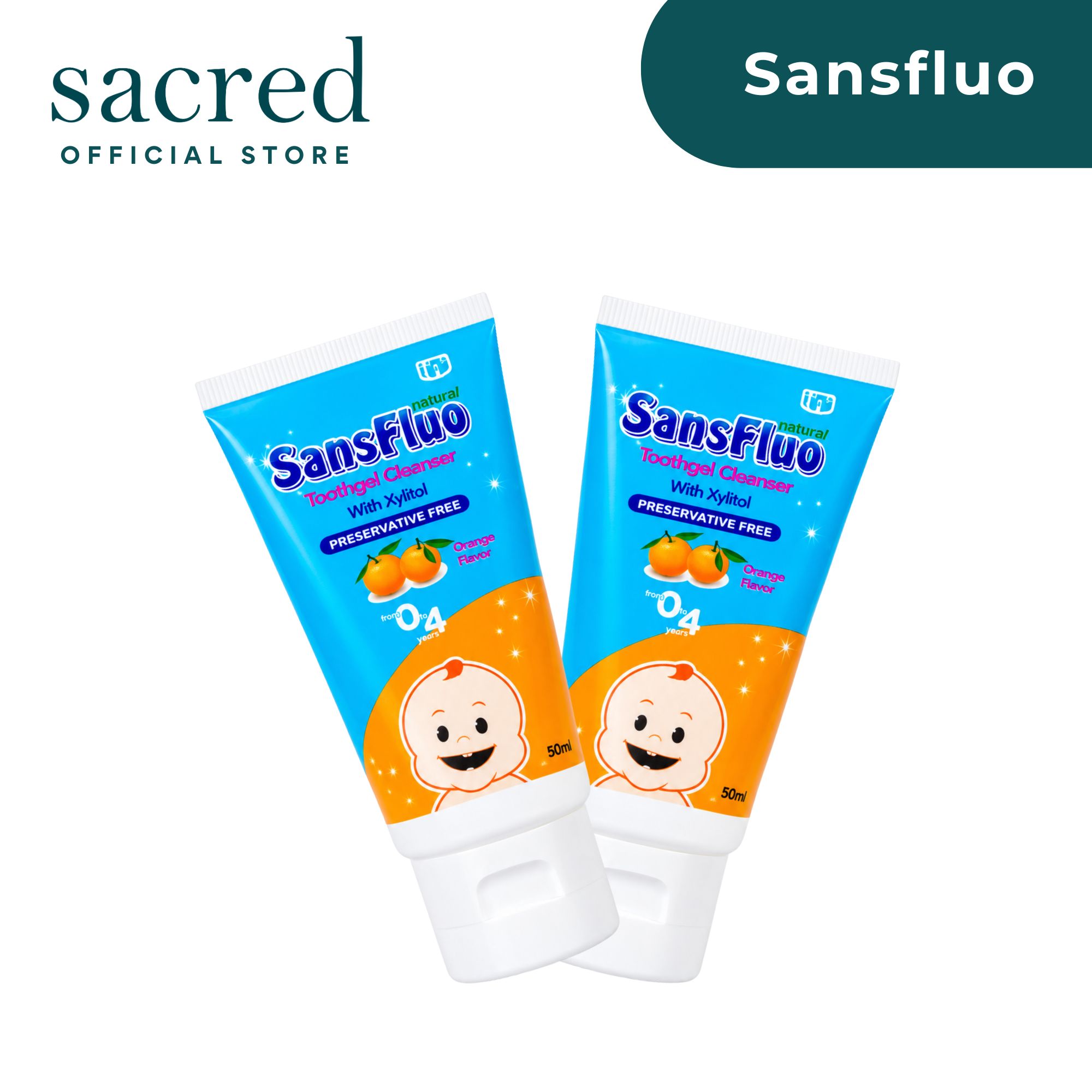 BUNDLE OF 2 ORANGE | SansFluo Natural Toothgel Cleanser With Xylitol 50ml For Ages 0 To 4 Years Old