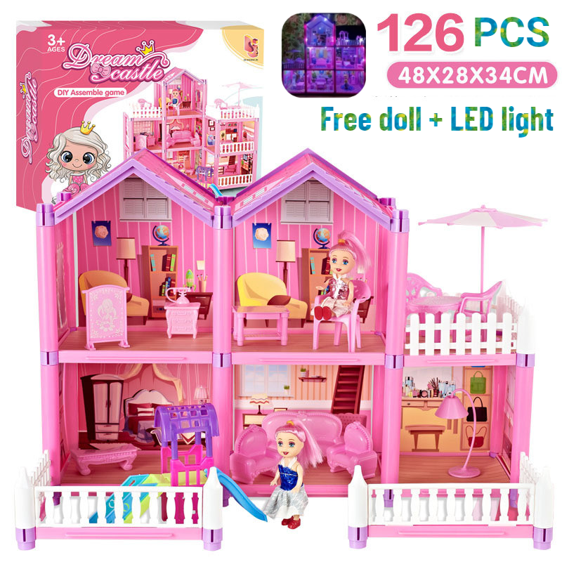 Doll House Three Storey Villa Dollhouse Kids DIY Family Doll House
