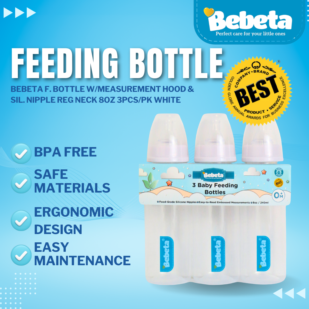 Bebeta F. Bottle w/Measurement Hood & Sil. Nipple Reg Neck 8oz 3pcs/pk White
