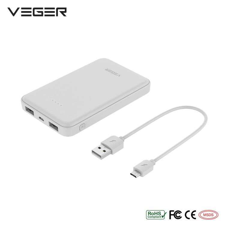 VEGER VP1018 slim Power Bank 10000mAh pocket style powerbank Micro USB 2.0A Input 2.0A Dual USB Output External Battery Compact Portable Charger.