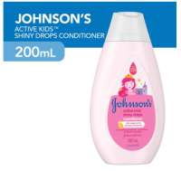 Johnsons Active Kids Shiny Drops Conditioner 200ml Pink bottle with princess design for baby hair care during bath time.