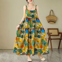 Fresh Floral Suspender Dress Retro Vacation Long Dress Elegant Style Mid-length Dress